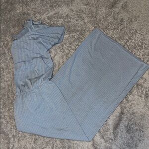 Ces Femme Blue Ribbed Jumpsuit – Short Sleeve Drawstring Waist One‑Piece